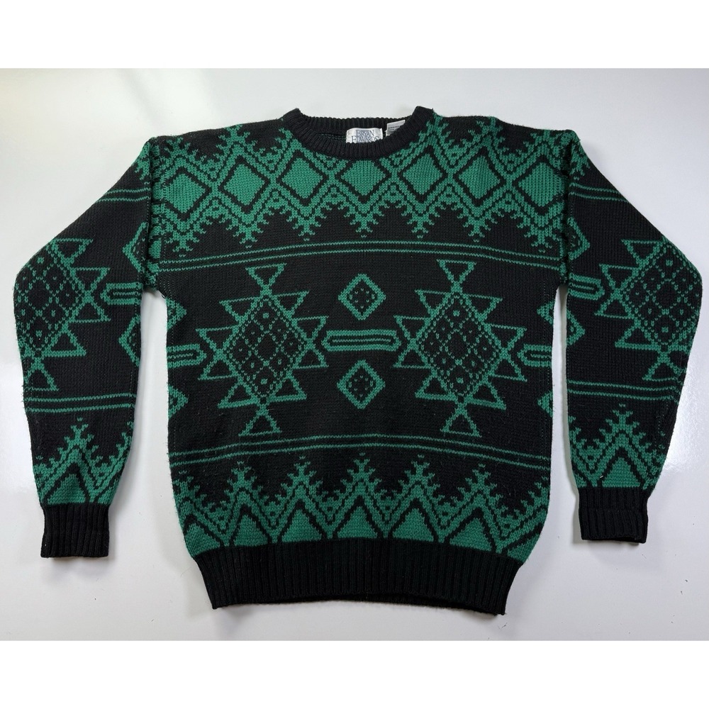 Vintage 80s‎ 90s Bryan Edwards Sweater XL Black Green Geometric Knit Retro